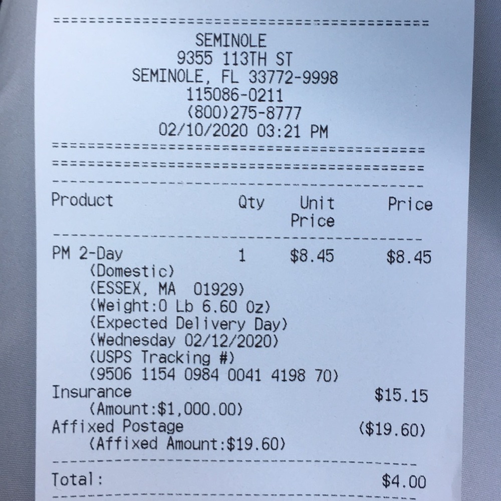Platinum ring receipt